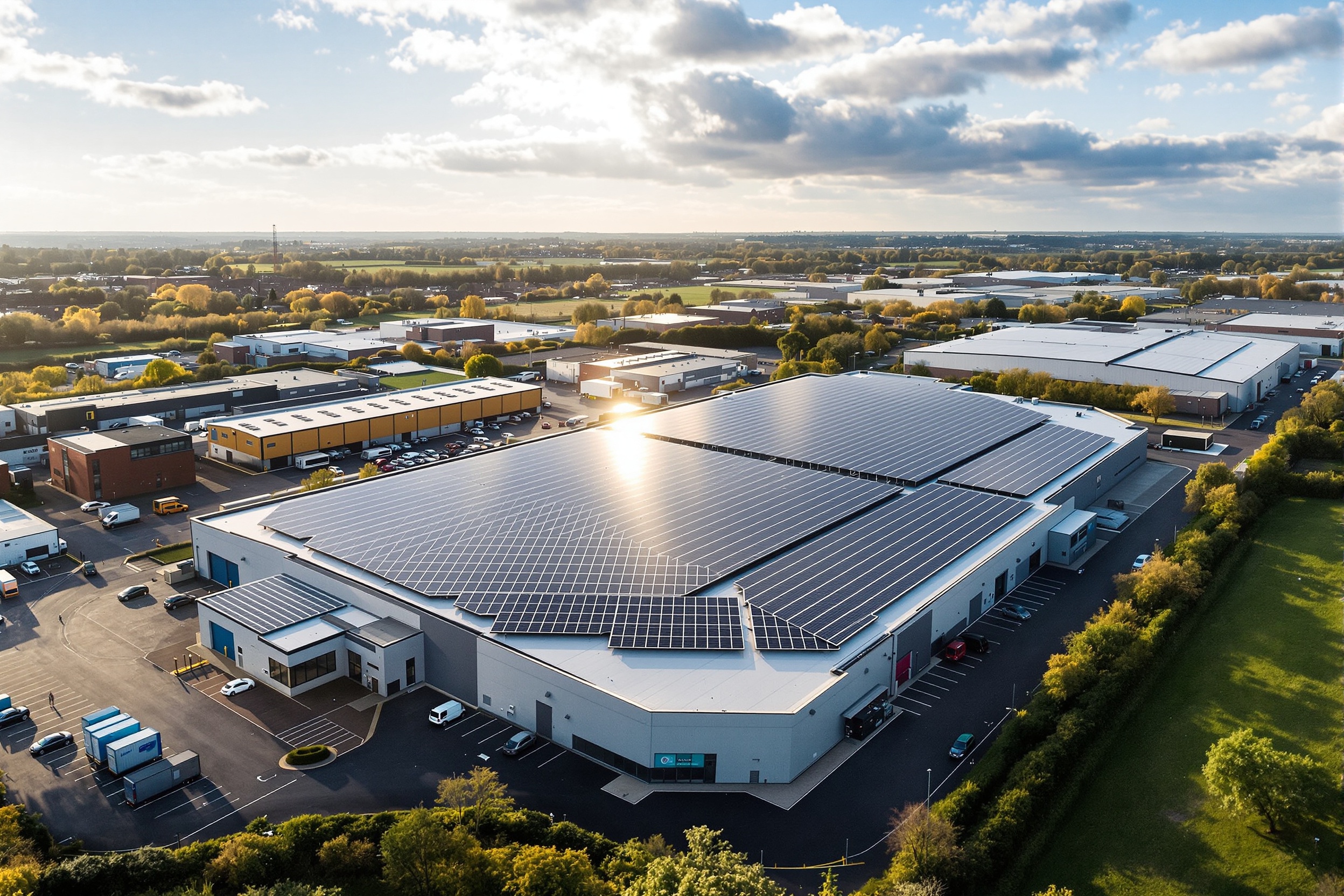 Flat-roofed Manchester warehouse with completed solar panel array viewed from car park under overcast autumn sky.
