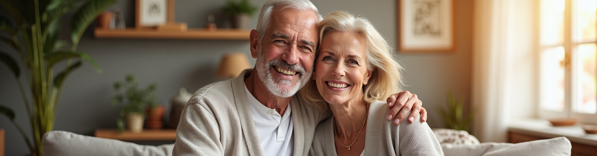 Couple senior souriant dans un intérieur lumineux