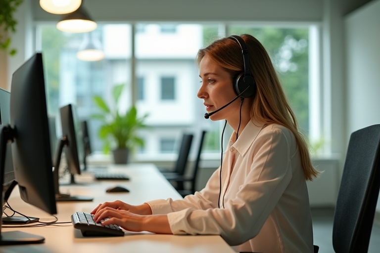 Professional phone system setup in modern small business office with customer service equipment