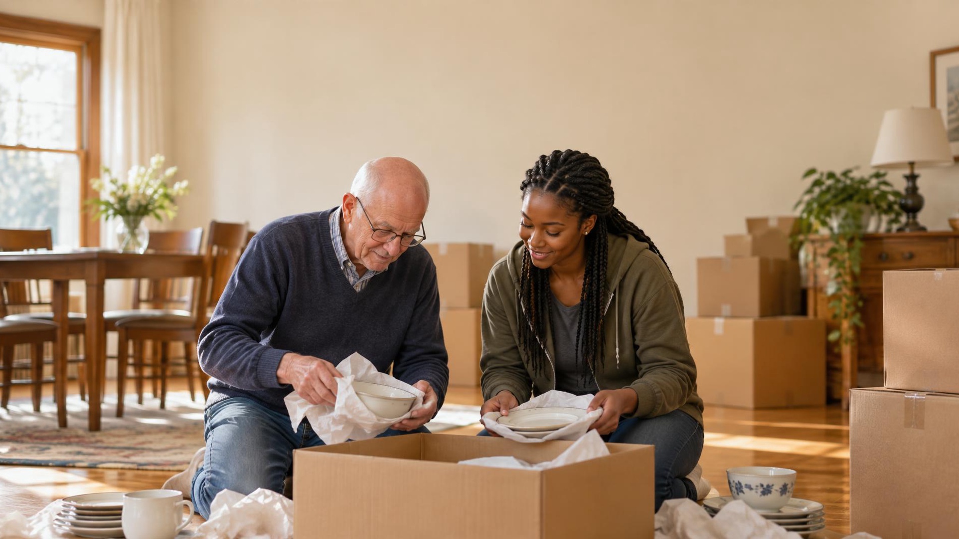 A Gift of Time senior move manager helping an elderly person pack and downsize in a bright Milwaukee home