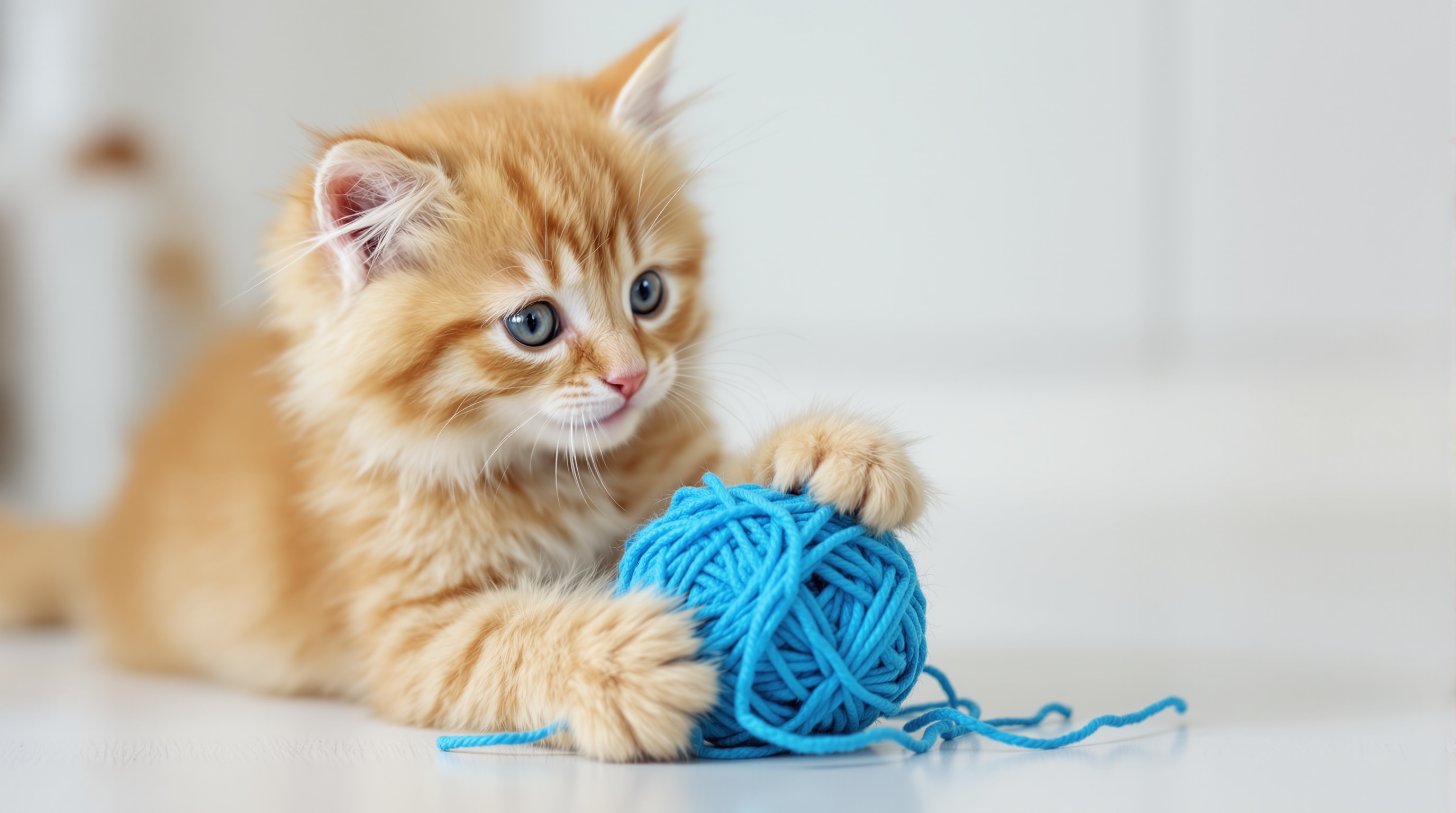 Kitten Playing with Blue Yarn Ball