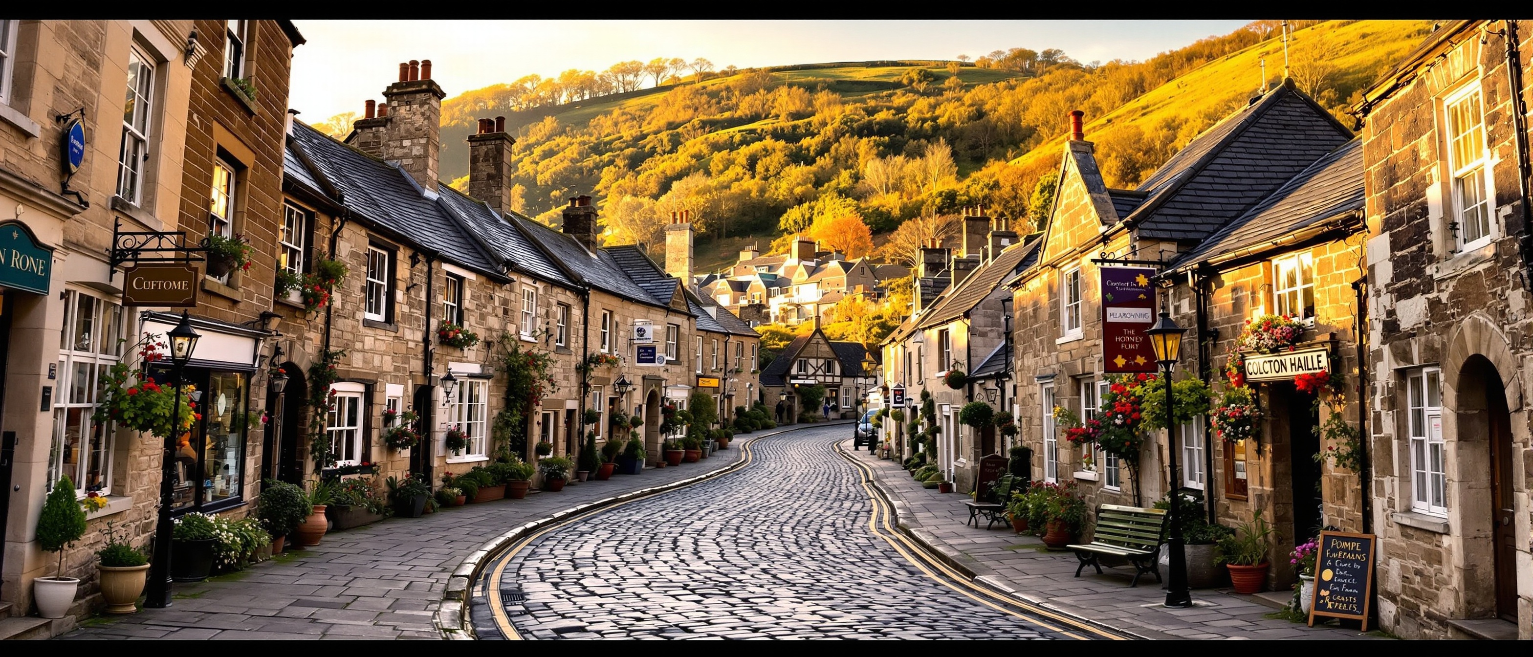 Cobbled Main Street in Haworth Bronte country West Yorkshire