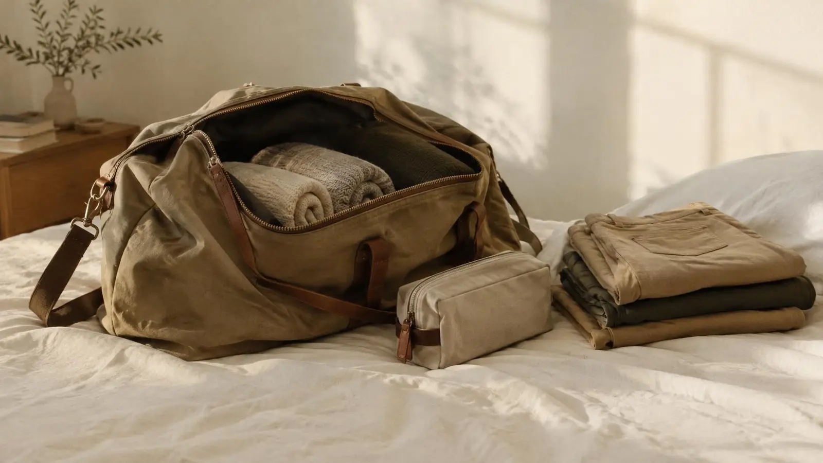Weekendtaske pakket på en seng med sammenfoldet skjorte, strik, sneakers og en lille toilettaske