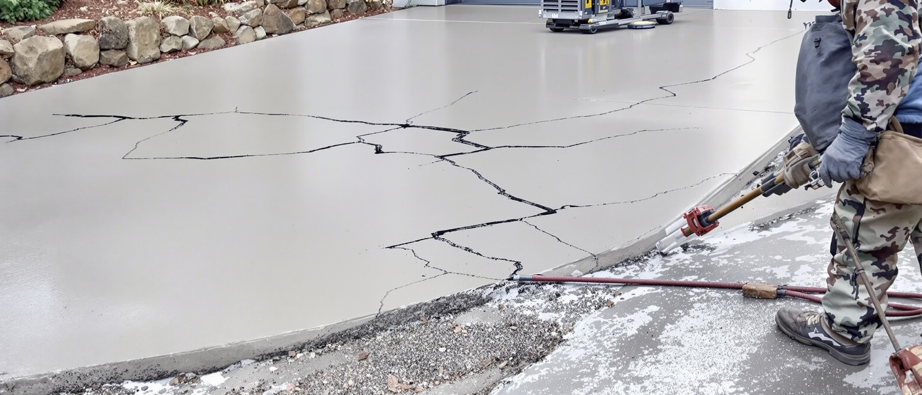 Expert Concrete Driveway Repair Services - Charleston SC Lowcountry Professional concrete driveway repair work in Charleston SC Lowcountry showing expert contractor fixing cracks, spalling, and surface damage with specialized repair tools, epoxy injection equipment, concrete patching materials, and resurfacing techniques on residential driveway with attention to structural integrity, proper bonding, and quality workmanship for long-lasting restoration