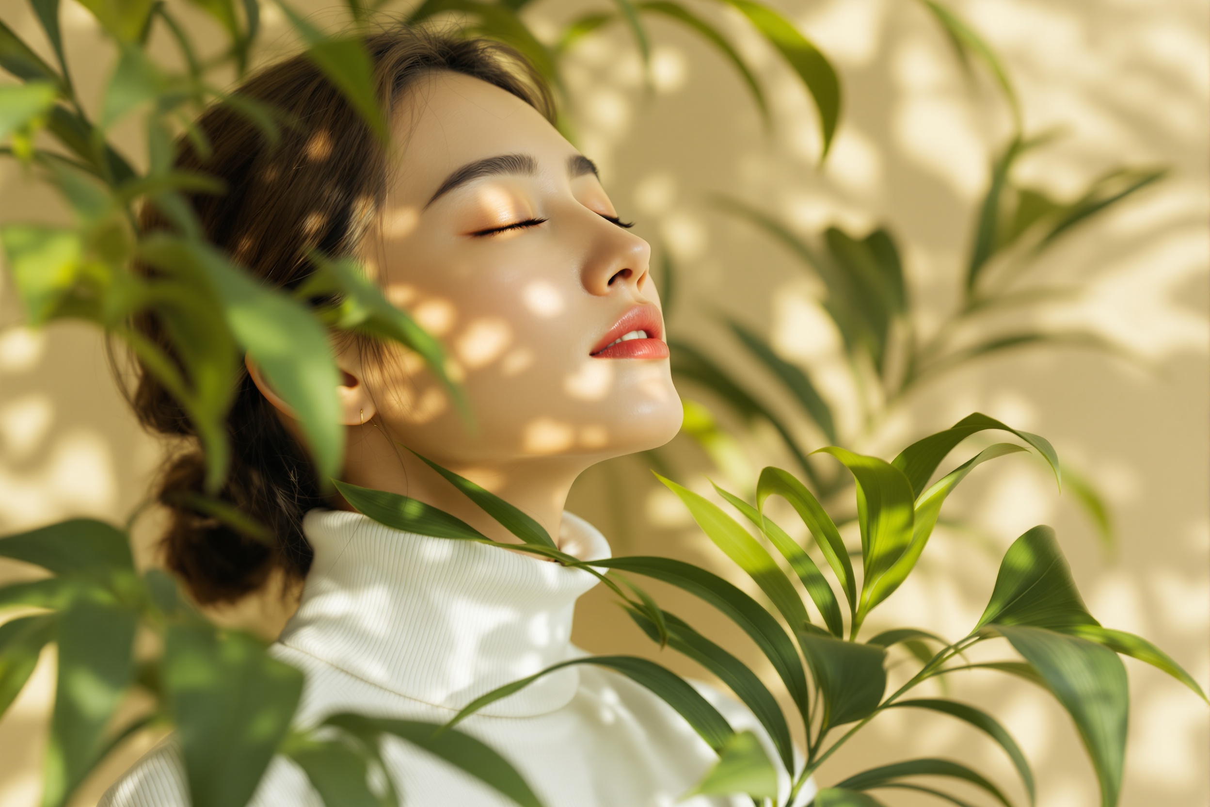 Mulher serena em ambiente natural