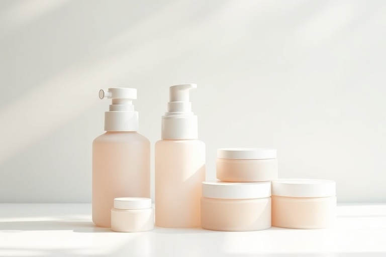 Elegant Korean cosmetic packaging frosted glass bottles airless pumps and cream jars on white surface