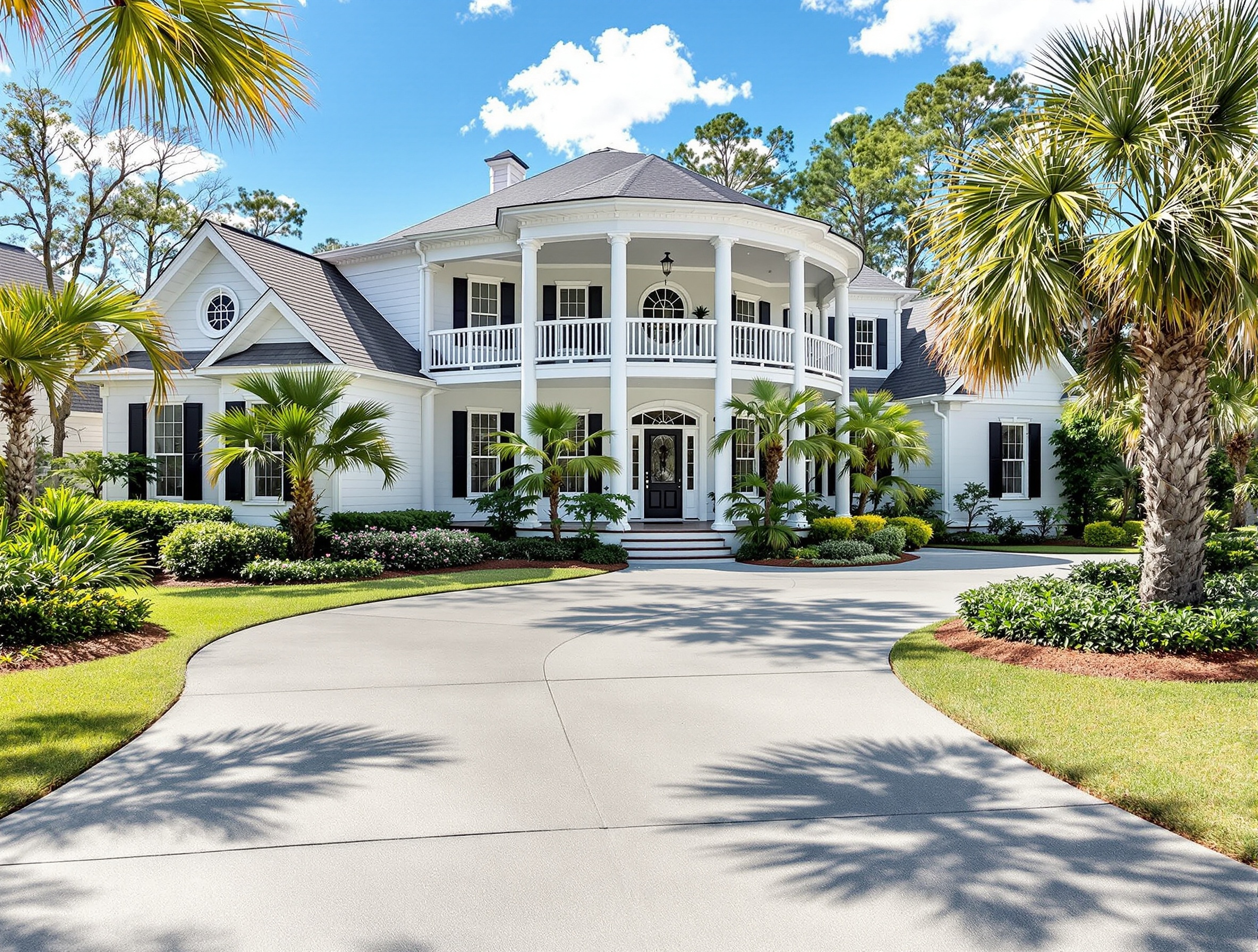 Beautiful Charleston home with elegant concrete driveway showcasing professional residential concrete installation in the Lowcountry featuring classic Southern architecture with palmetto trees and coastal landscaping