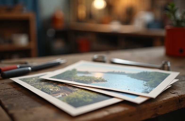Printed postcards on workbench