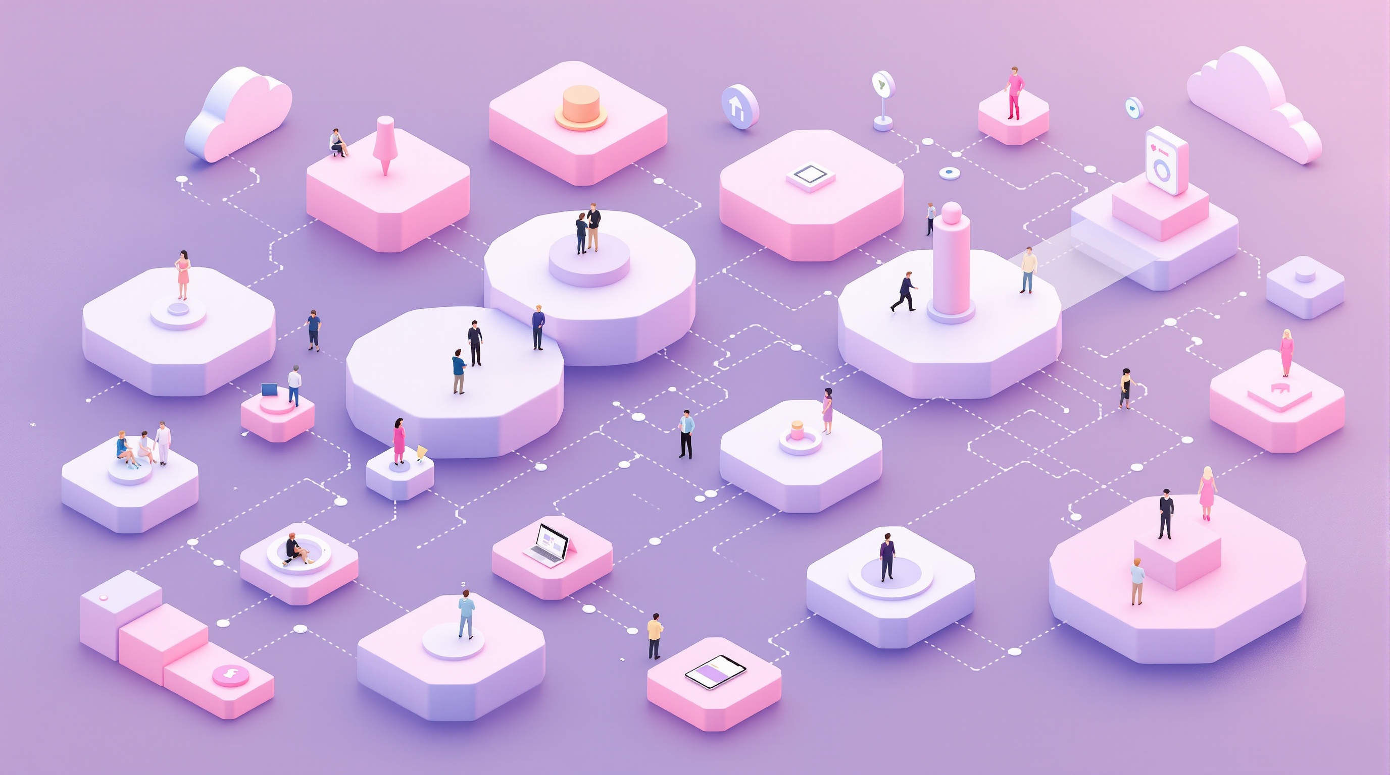 Isometric 3D illustration of a buyer journey map with tiny characters moving through connected stages in soft pastel colors