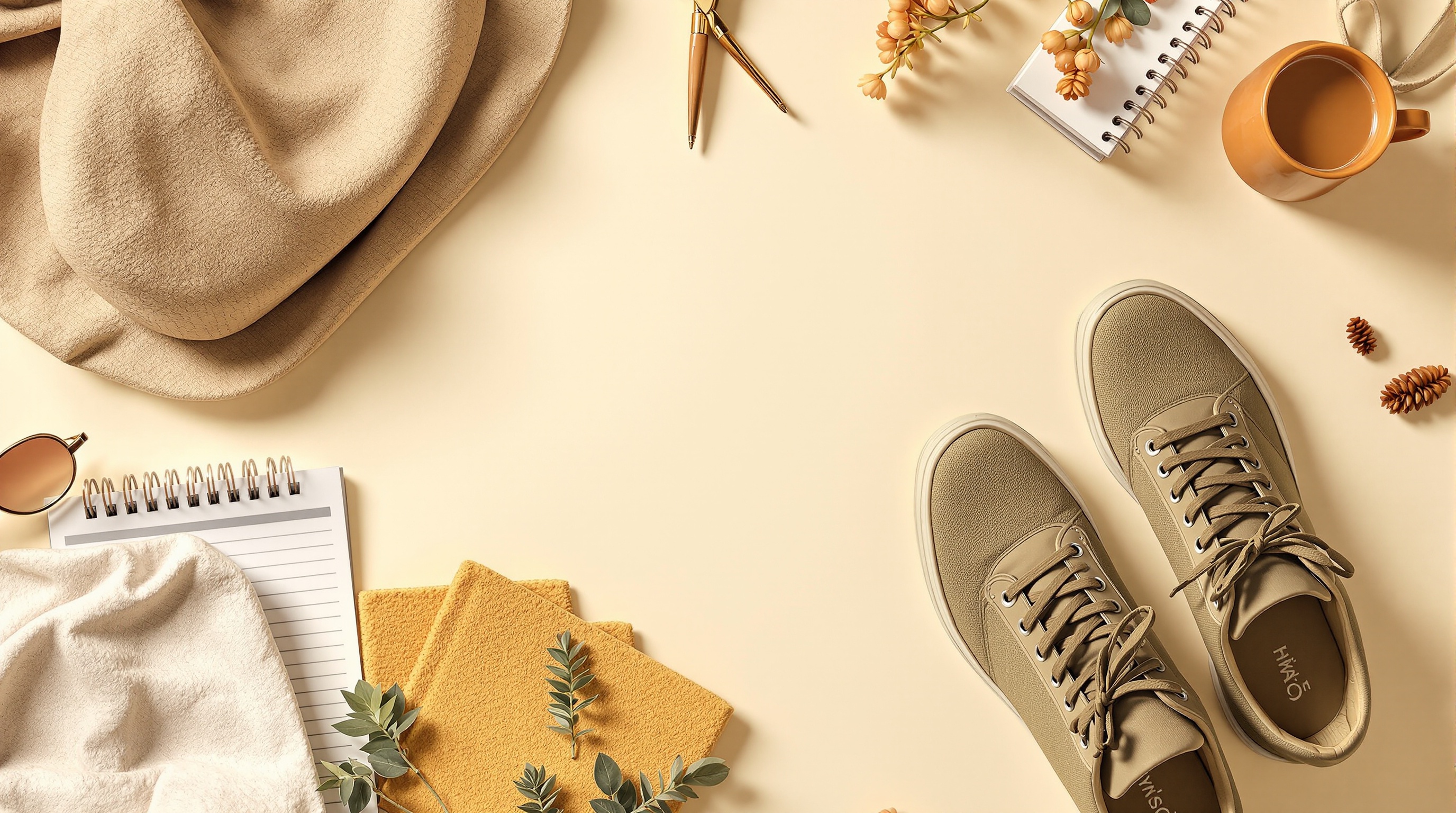 Fashion editorial flat lay with sneakers and notes
