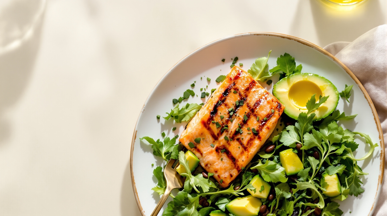 A moderate portion of grilled salmon paired with generous avocado and olive oil greens illustrating balanced keto protein and fat