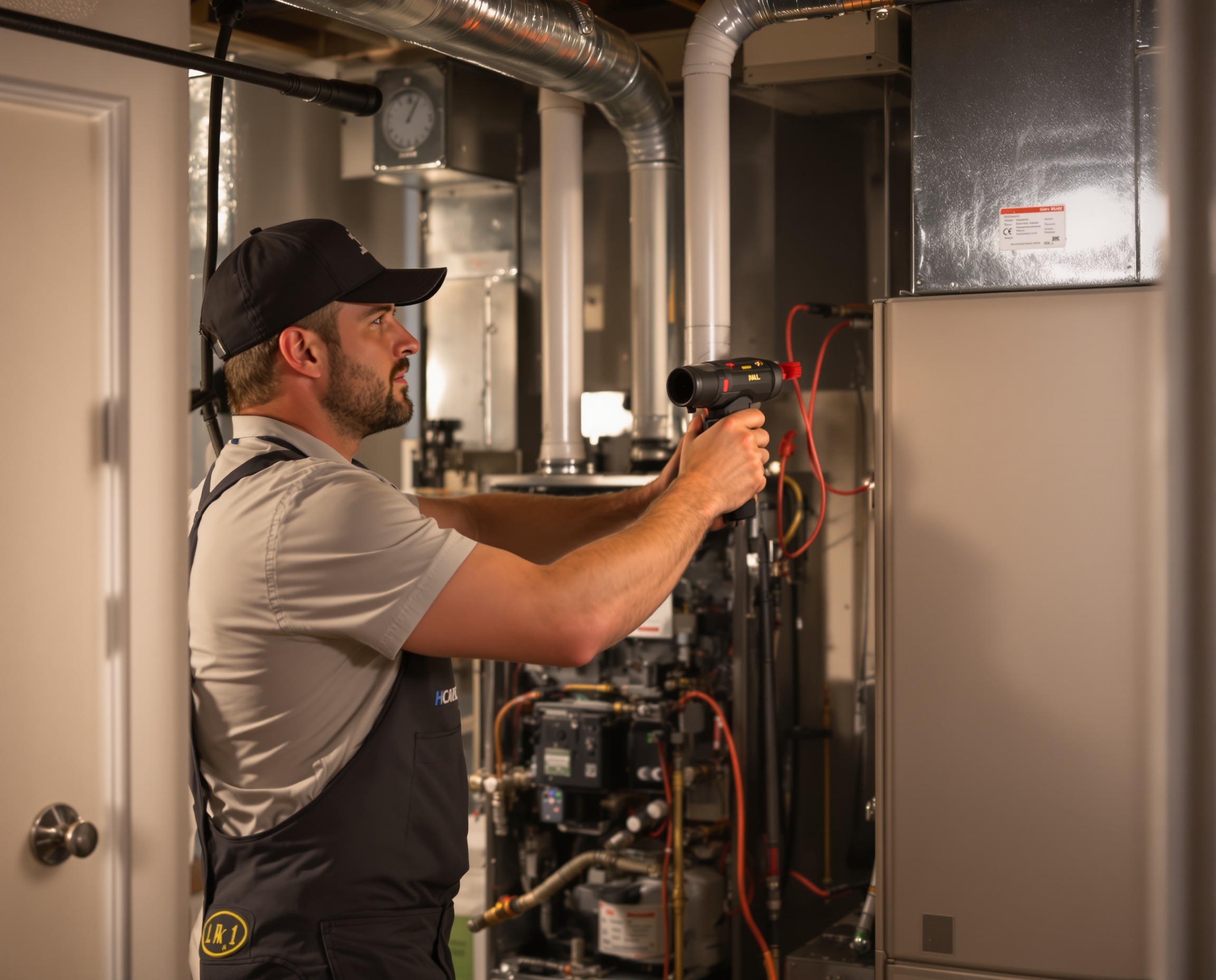 Professional HVAC technician performing annual furnace maintenance and tune-up service in Milwaukee home basement