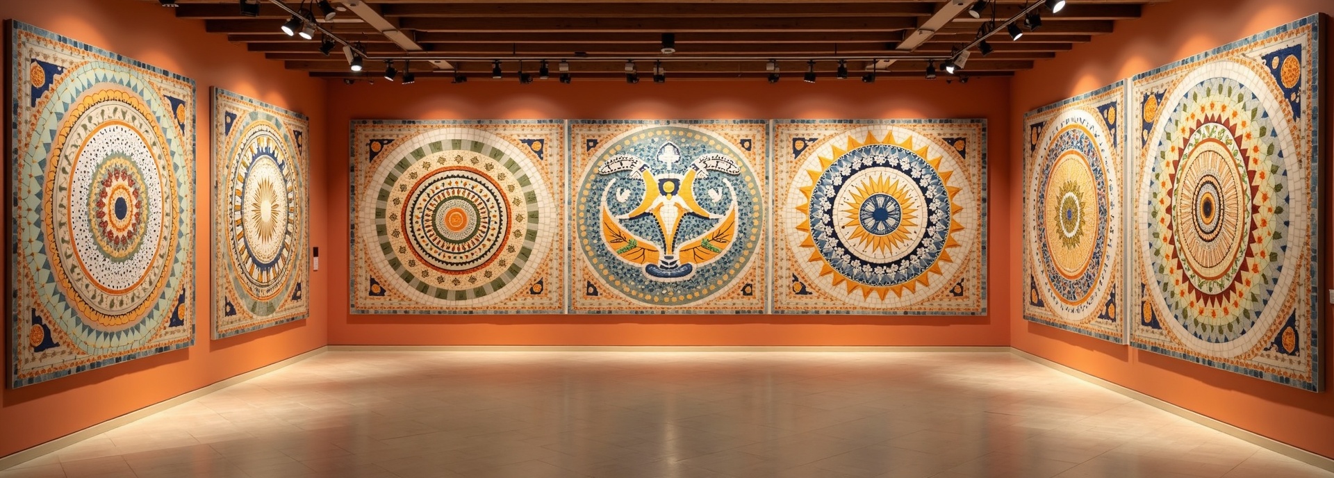 Gallery of stunning mosaic artworks displayed in warm studio space