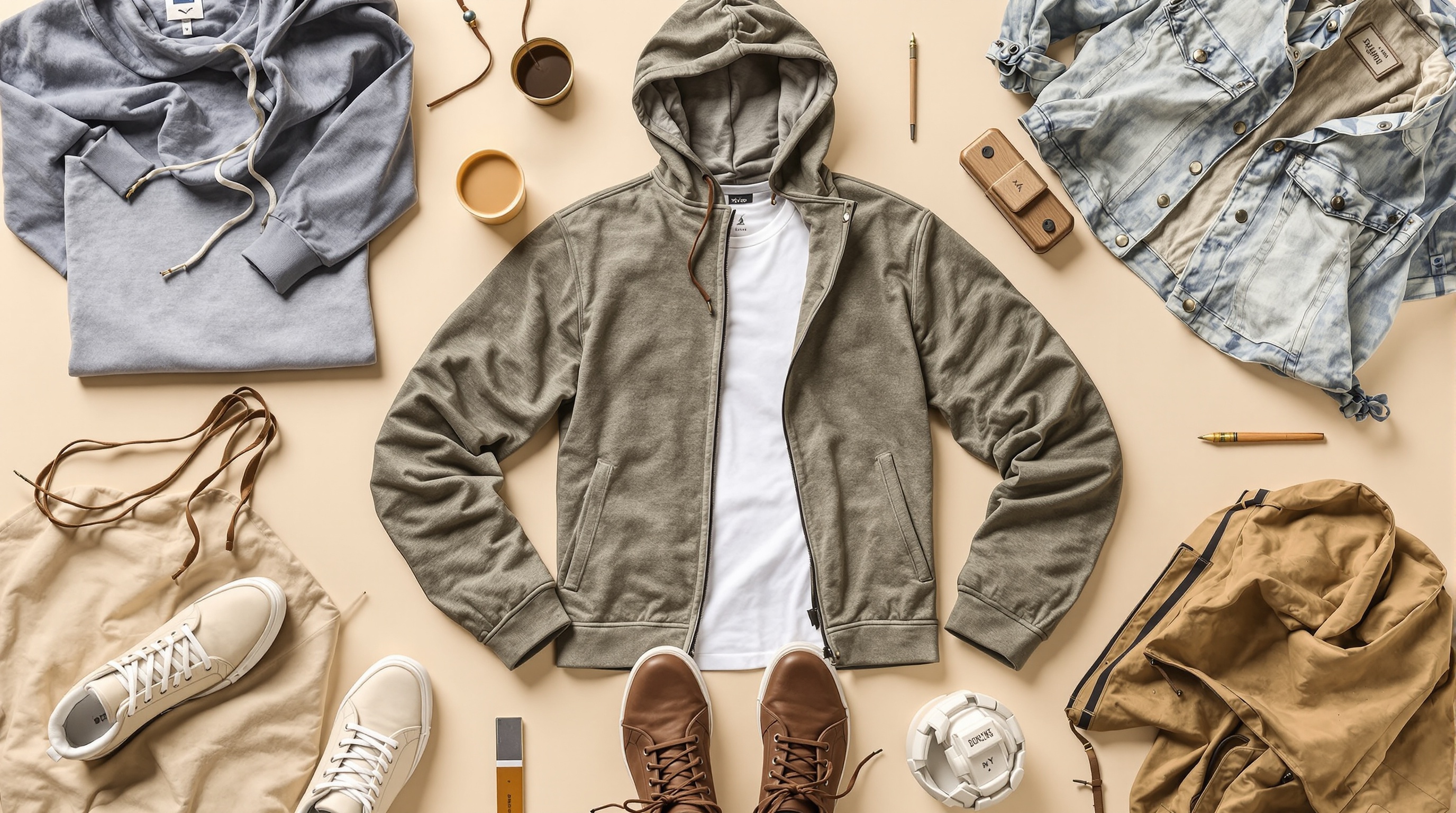 Premium streetwear collection flat lay