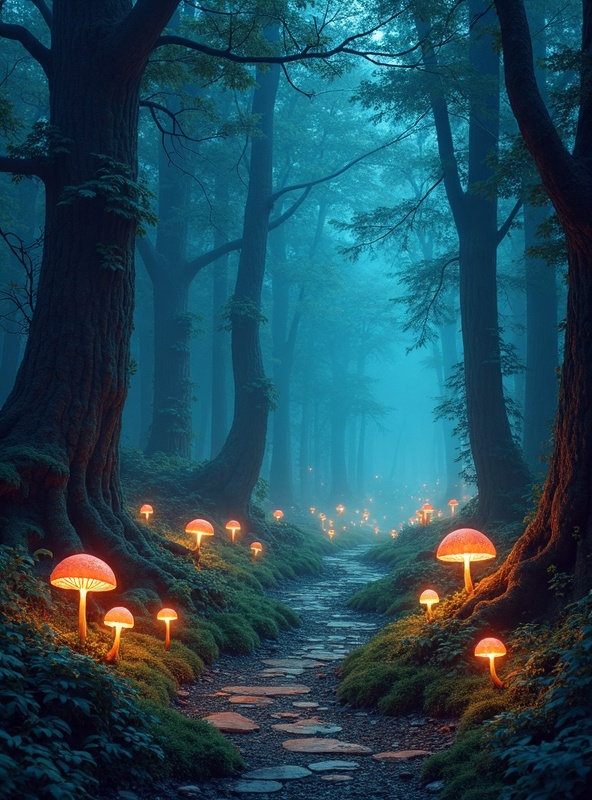 A mystical enchanted forest with glowing mushrooms and fireflies illuminating a winding path through ancient trees