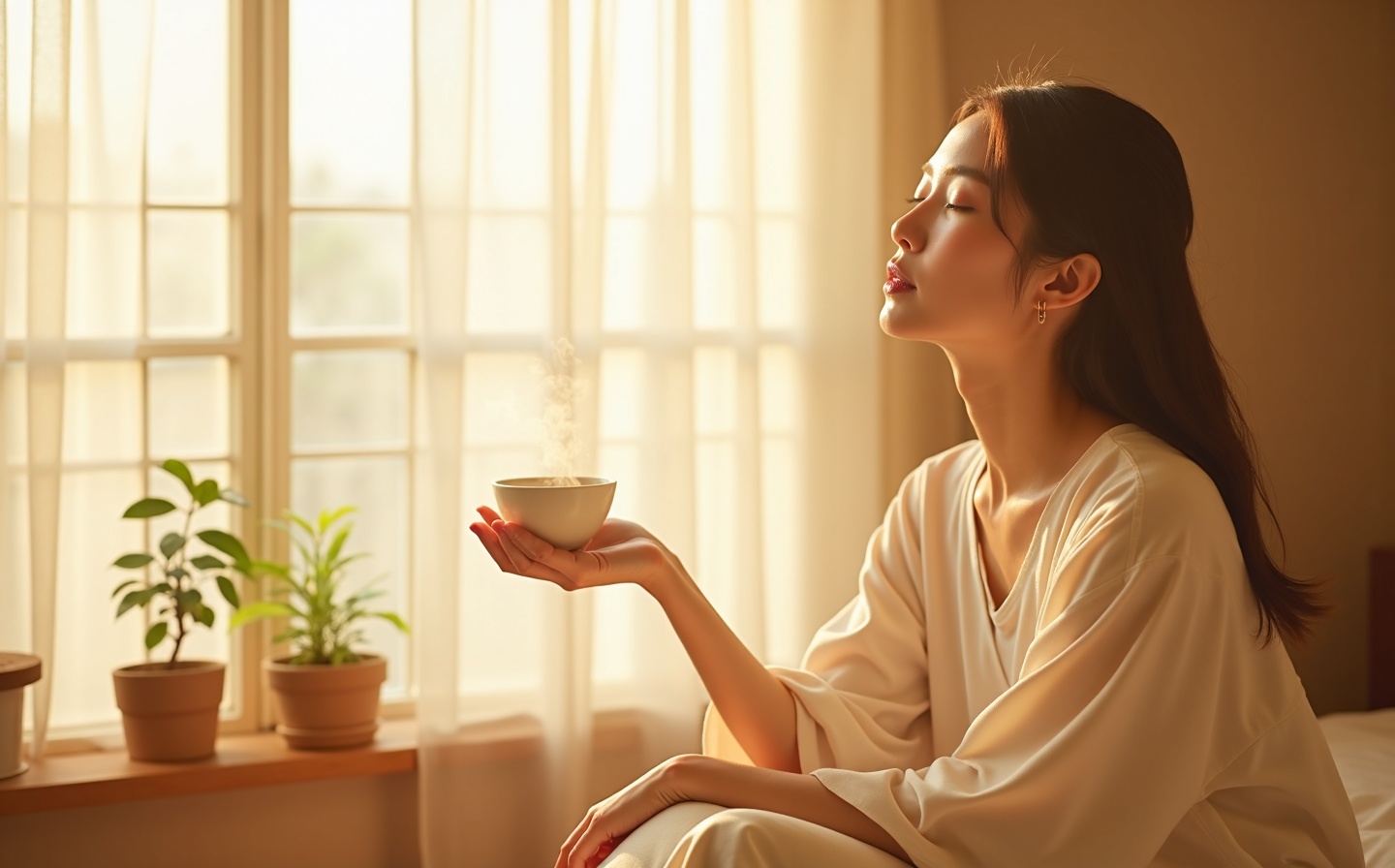 温かく穏やかな朝の光の中でくつろぐお母さん