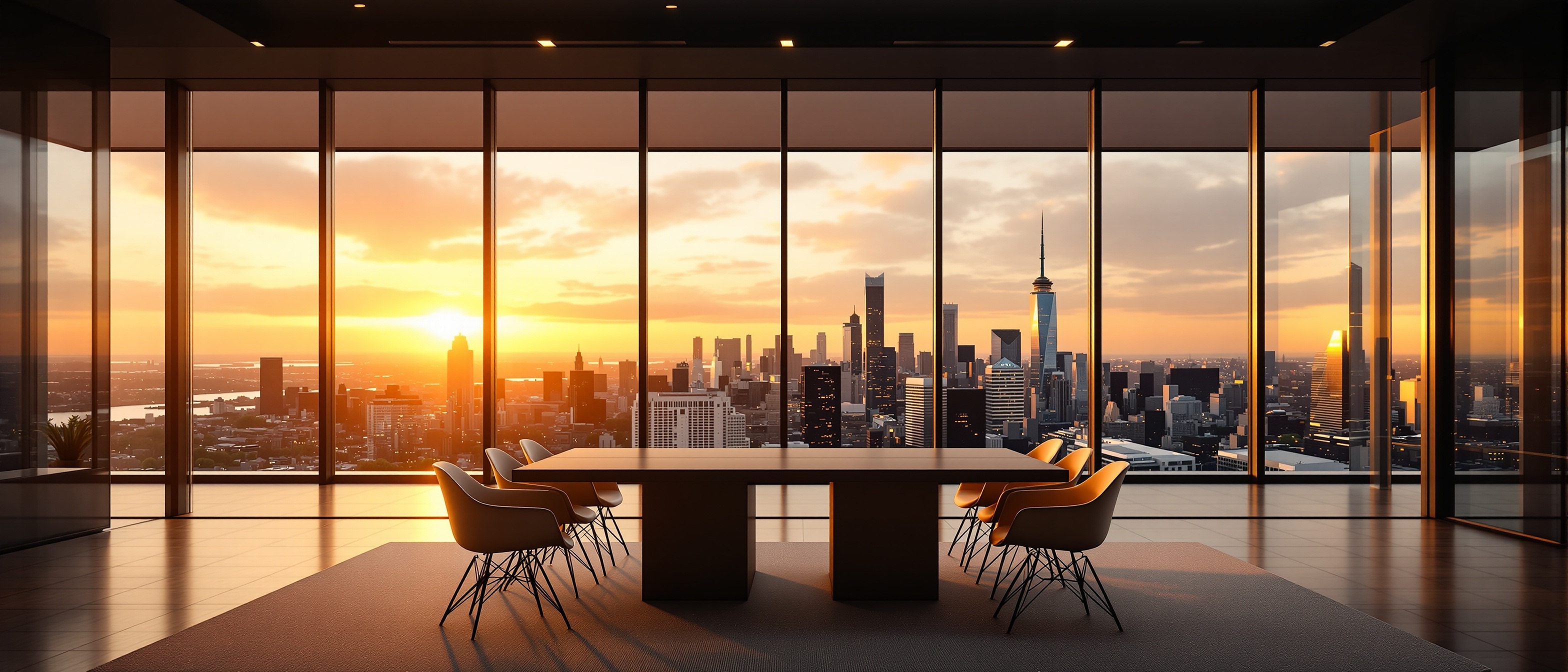 Luxury enterprise real estate brokerage office interior with city skyline view and professional conference room