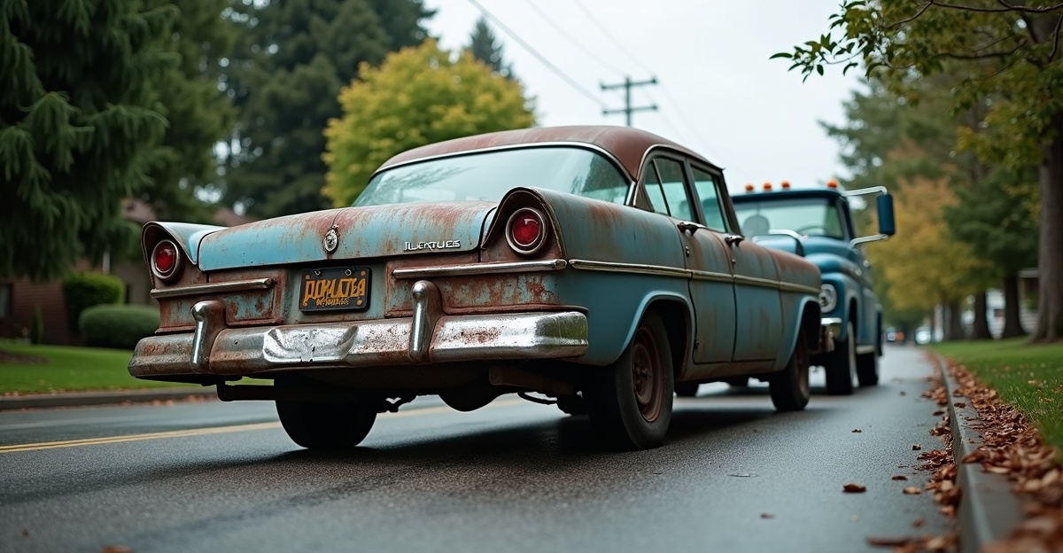 Tow truck removing a junk car in British Columbia