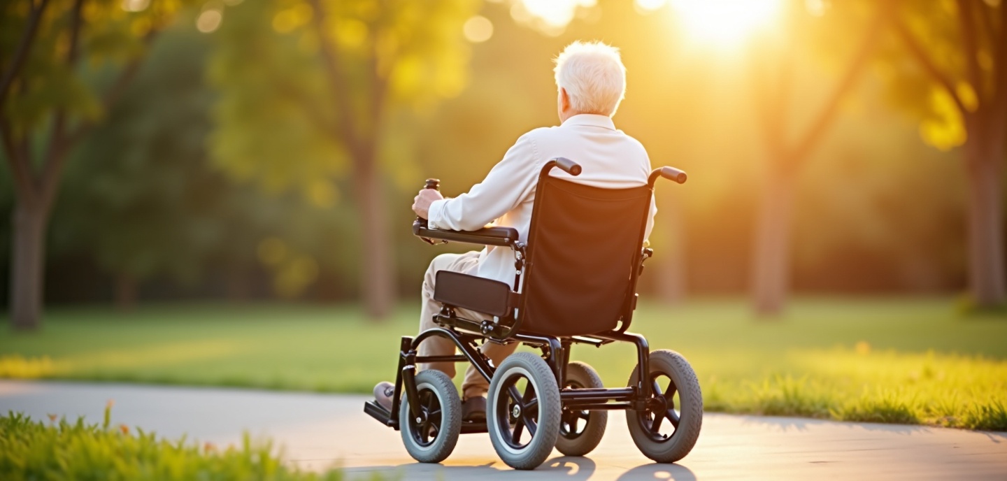 Elderly person using a lightweight electric wheelchair outdoors