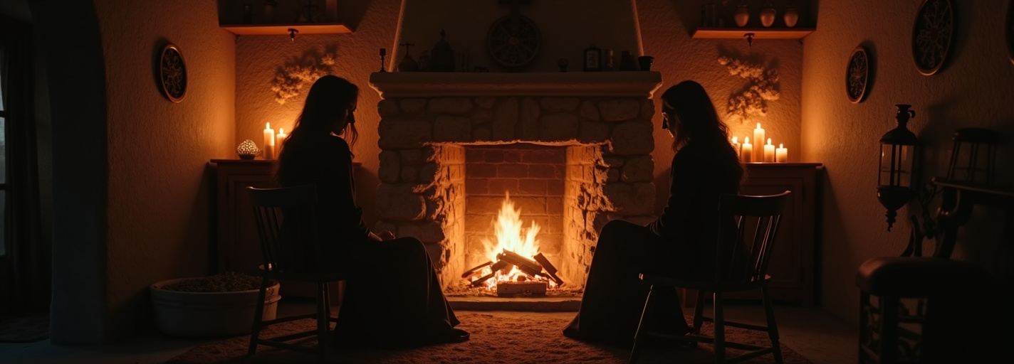 Three witches gathered around a hearth fire
