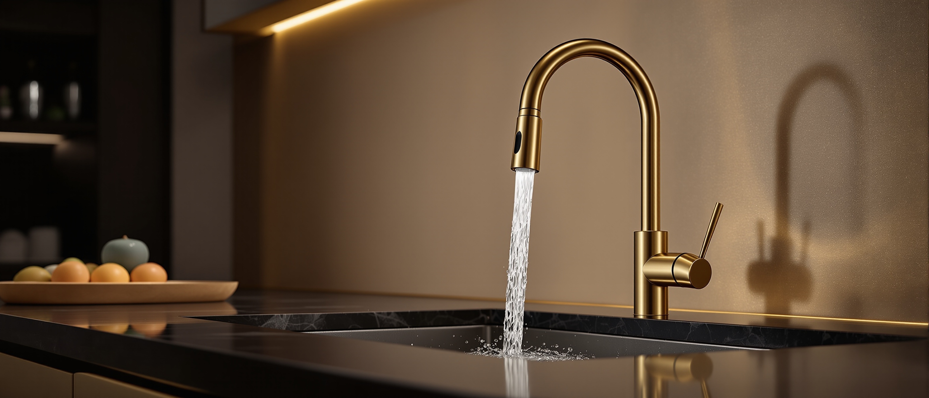 Premium pull-out kitchen mixer faucet in brushed gold finish on dark marble kitchen island with water flowing into sink — German kitchen mixers for Dubai UAE luxury homes by VAREN