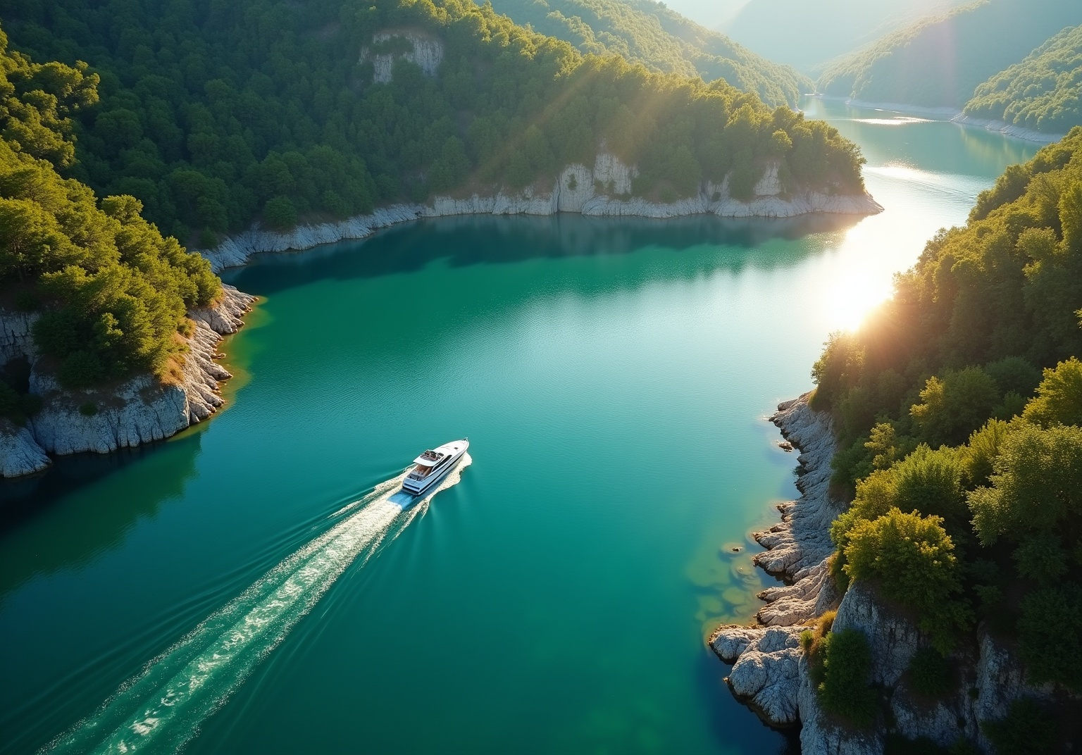Vue aérienne du lac de Vouglans en drone avec le bateau