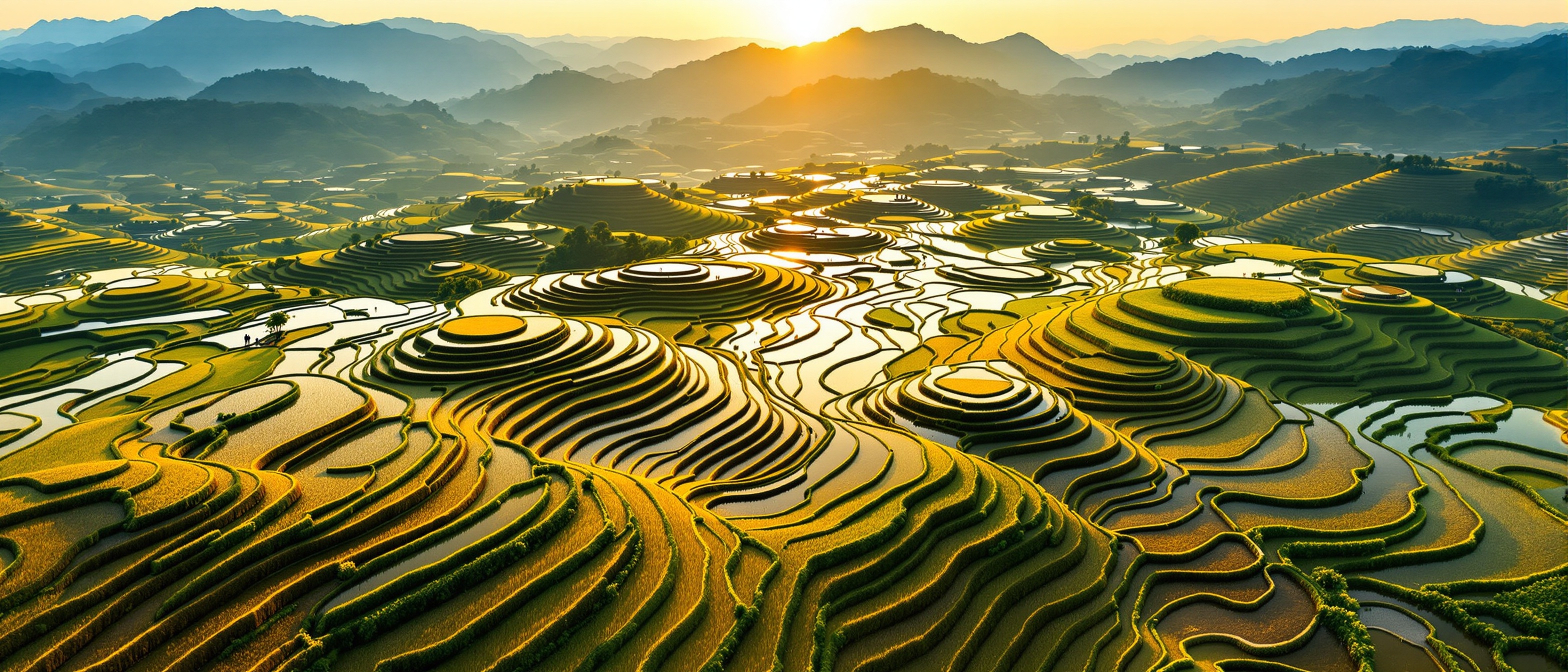 Terraced rice fields golden hour aerial view