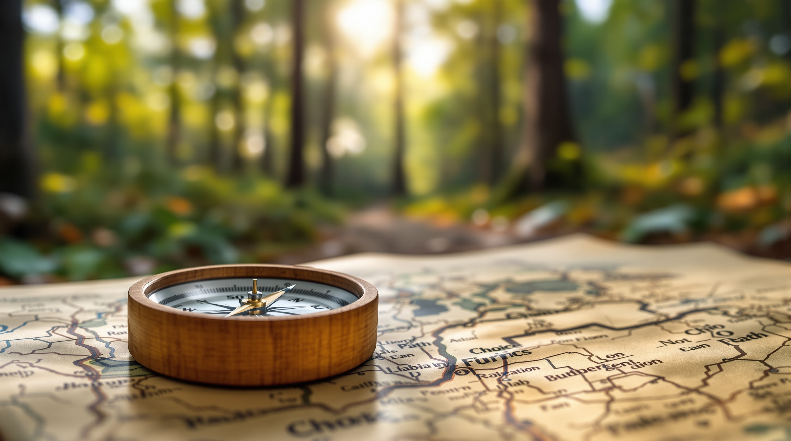 Compass at forest path divergence symbolizing choice