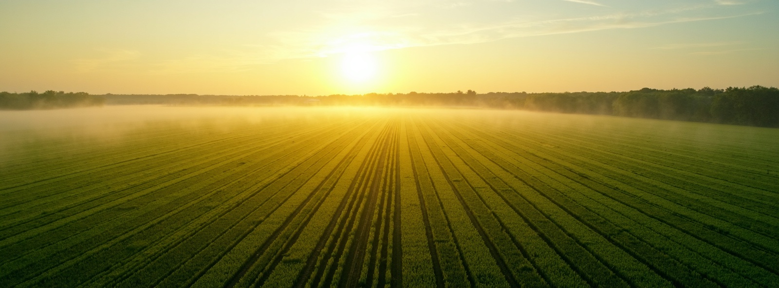 Aerial view of farmland at sunrise