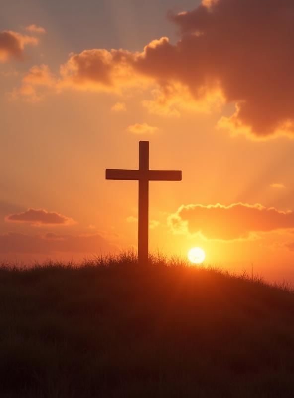 Ranch at sunset with cross