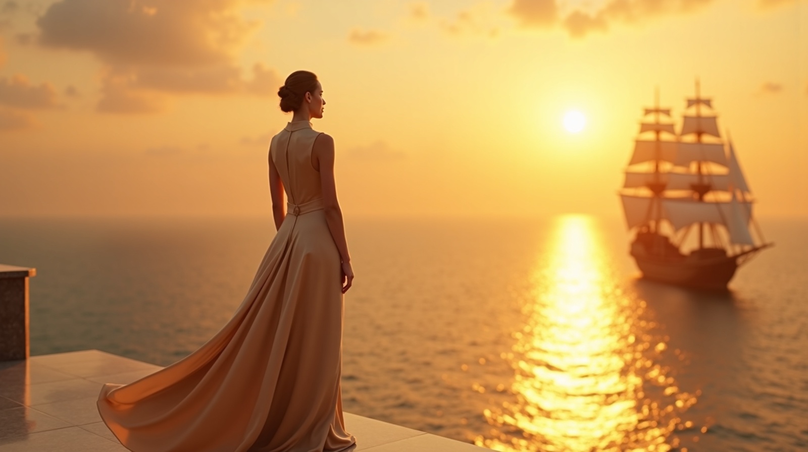 A woman in flowing silk on a marble mezzanine terrace gazing toward a grand ship on the golden horizon