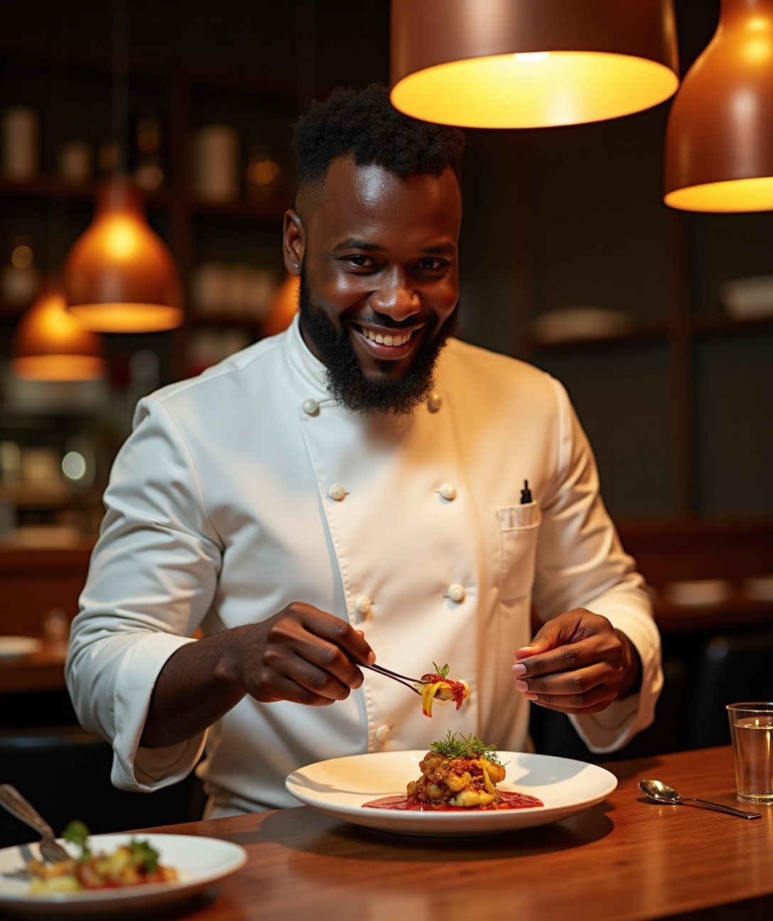 African Namibian chef plating a signature dish at Simple Share restaurant