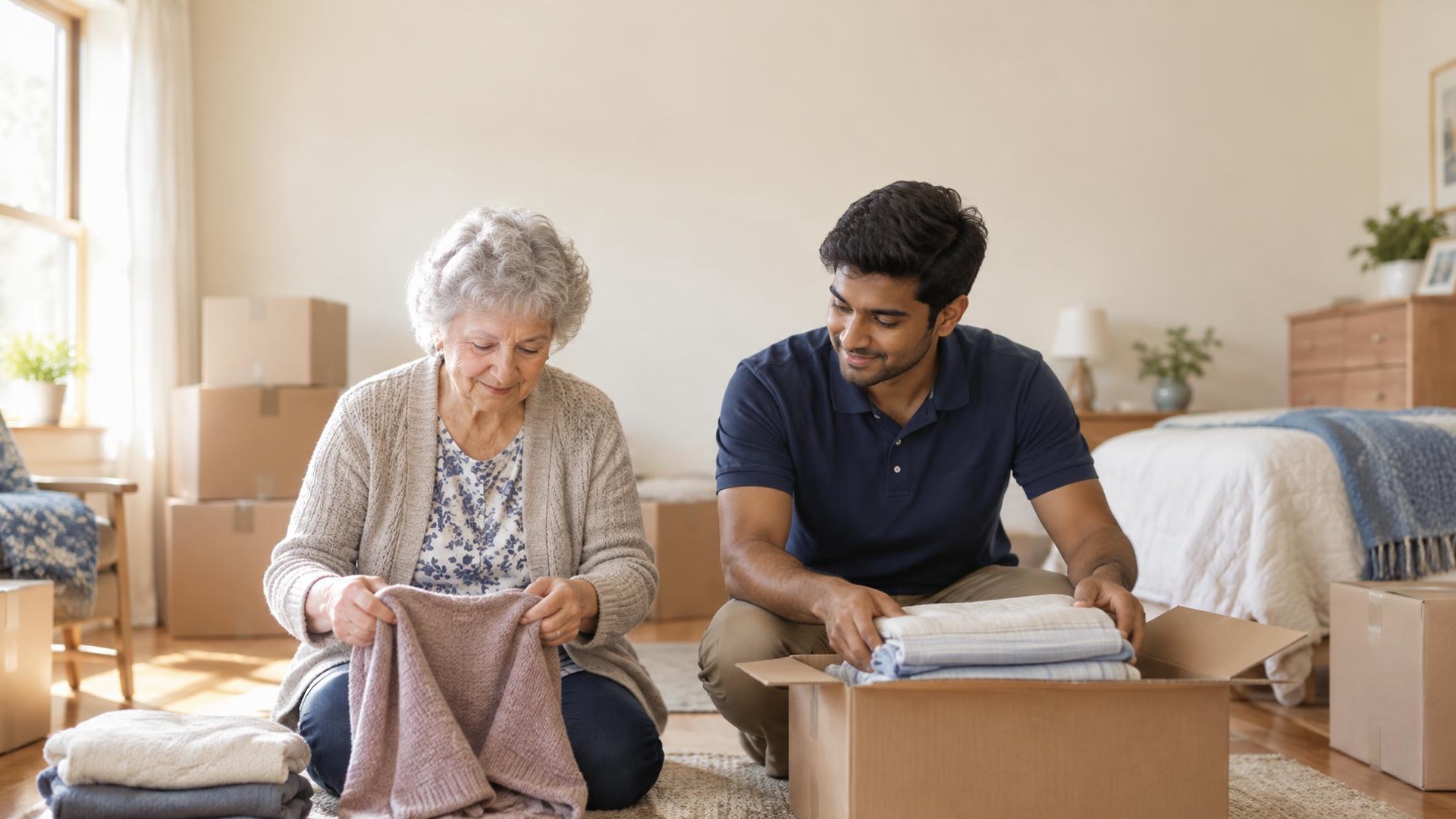 A Gift of Time senior move manager helping an elderly person pack and downsize in a bright Milwaukee home
