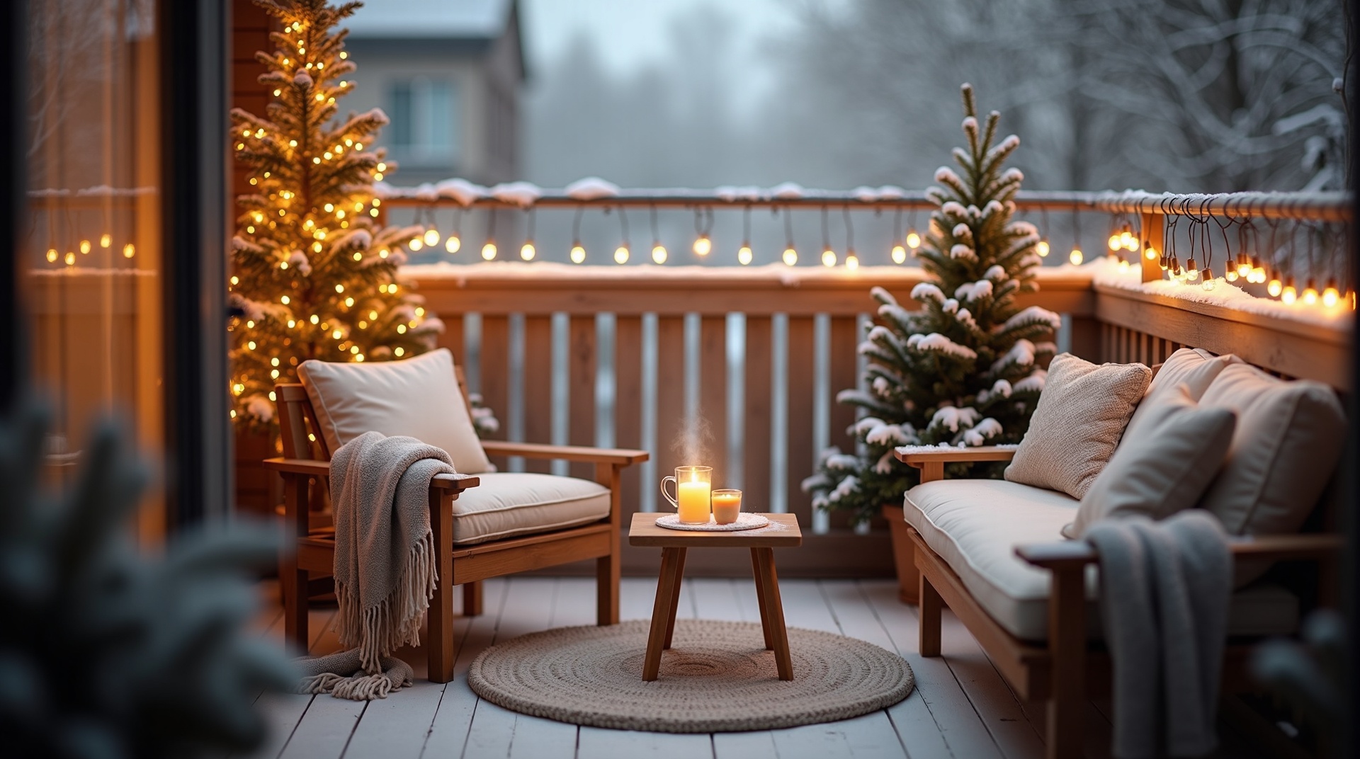 KleinerBalkon - Transforma tu balcón pequeño en un oasis acogedor de invierno con decoración cálida e iluminación perfecta