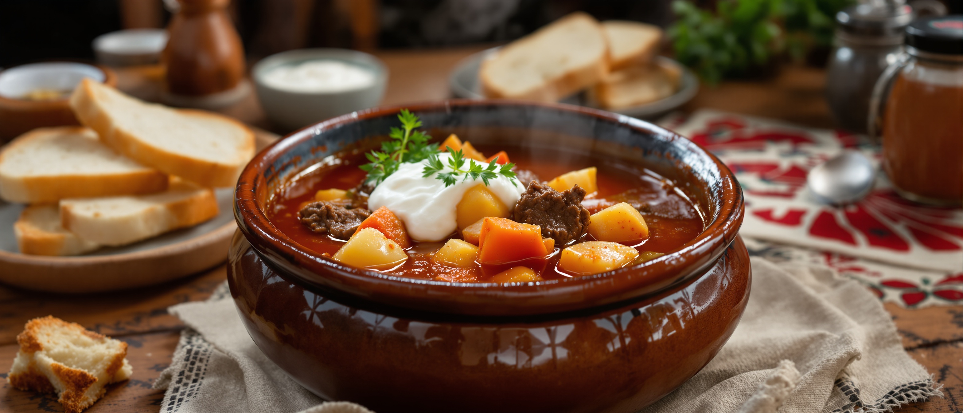 Traditional Hungarian goulash soup in rustic ceramic bowl with rich red paprika broth, tender beef chunks, potatoes and vegetables, authentic Budapest restaurant setting with wooden table, fresh bread and sour cream garnish, steam rising from hot soup