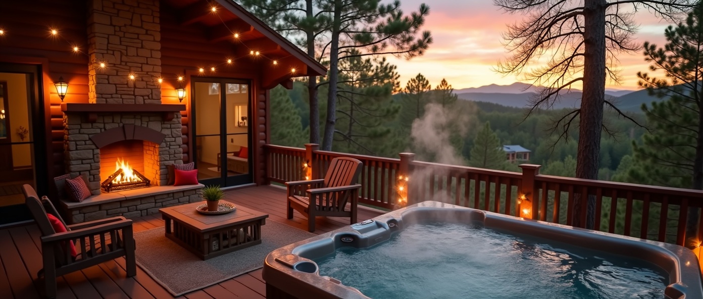Romantic luxury cabin in Broken Bow Oklahoma with outdoor hot tub overlooking pine forest at sunset, cozy wooden deck with string lights, intimate seating area, stone fireplace visible through large windows, warm golden hour lighting, peaceful mountain views, secluded forest setting