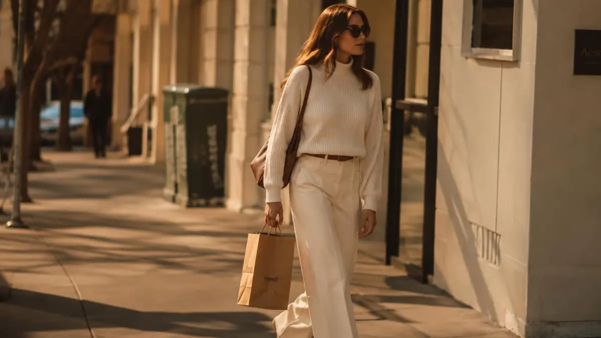 Person walking along a sunlit city street with a shopping bag