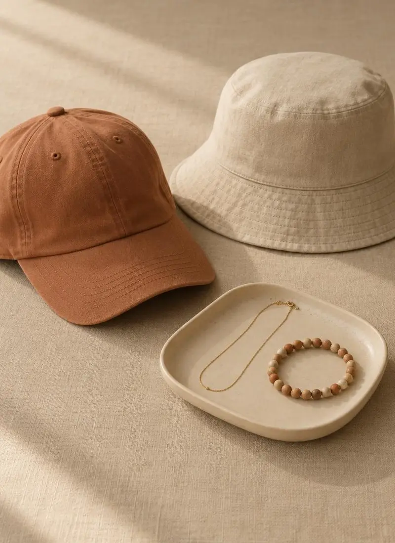 A plain baseball cap and a plain bucket hat arranged beside a thin chain necklace and a beaded bracelet on a small cream ceramic tray, shot close up on a sand-coloured linen surface.