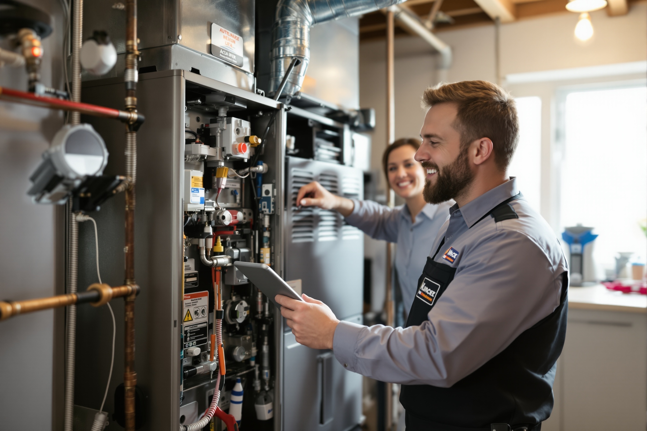 HVAC technician performing a detailed annual furnace maintenance tune-up in a home