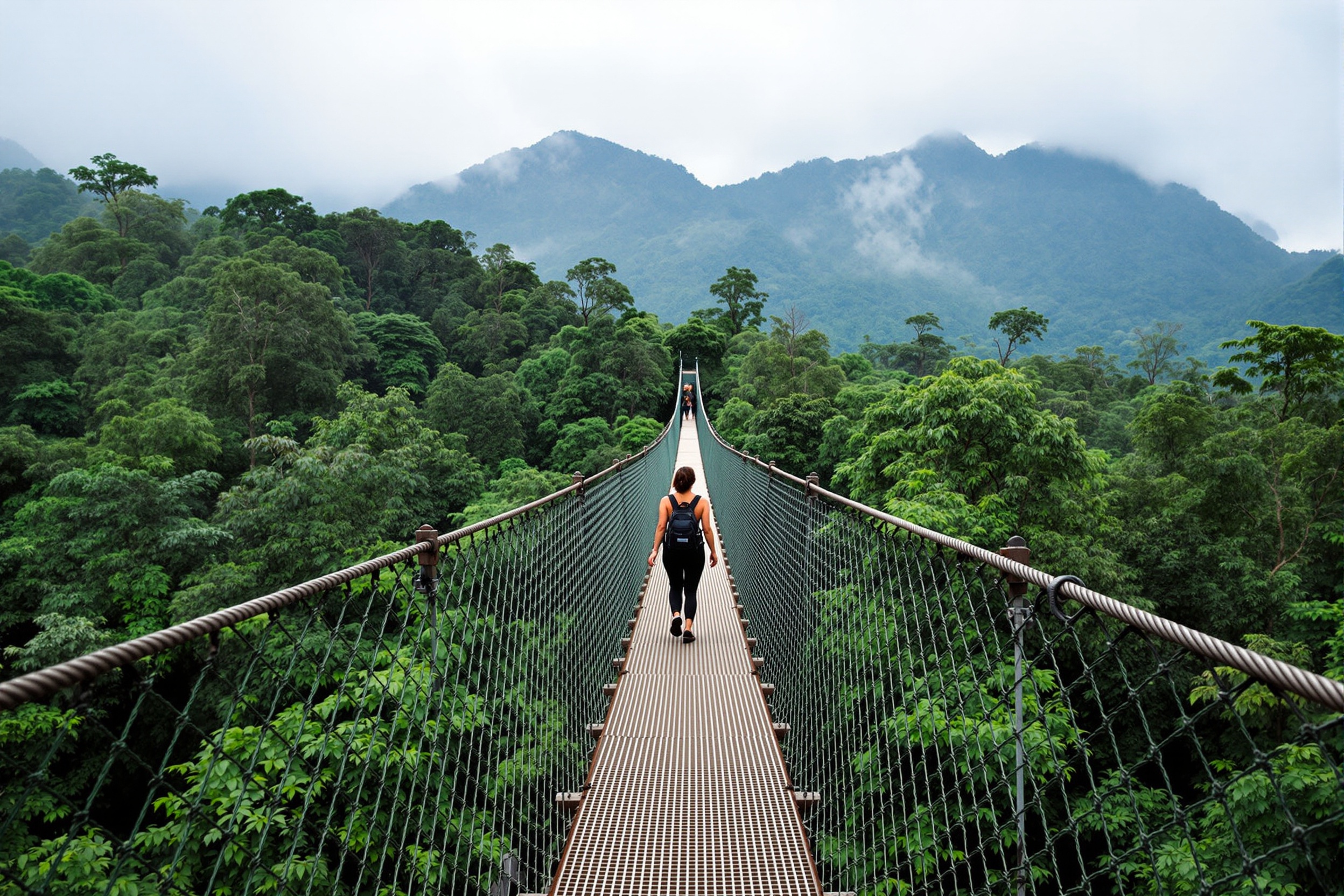 Adventurer crossing the Nyungwe Forest Canopy Walkway high above the Rwandan rainforest