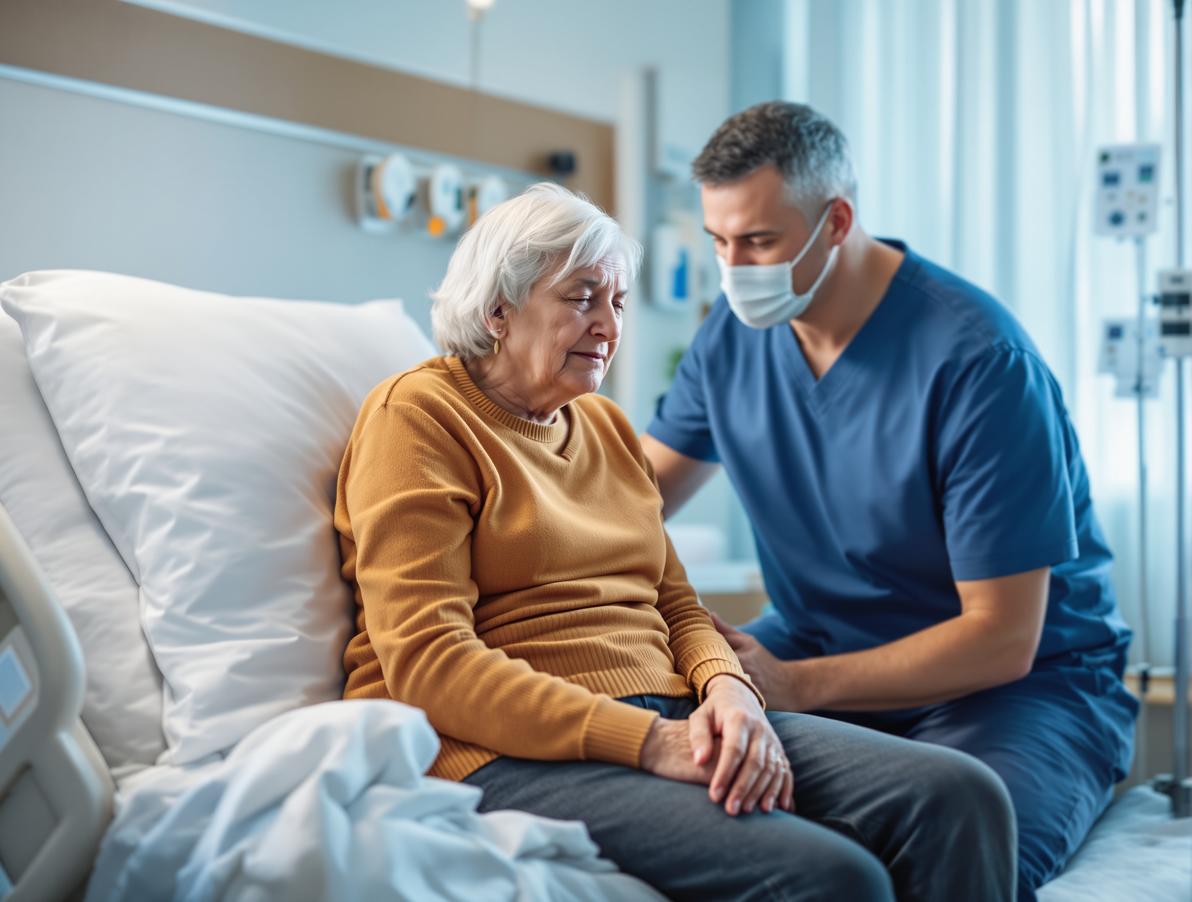 Elderly man recovering in hospital with caregiver support