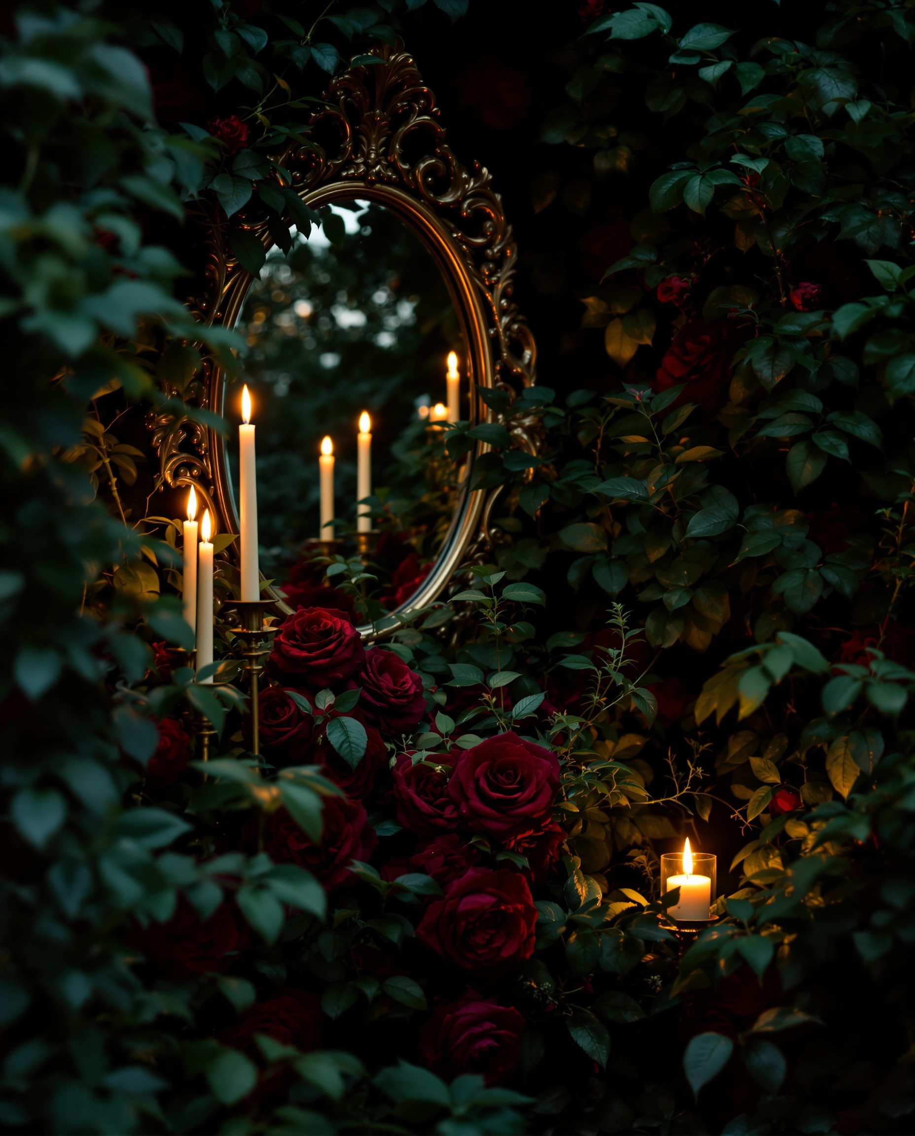 Dark romantic garden with candlelight