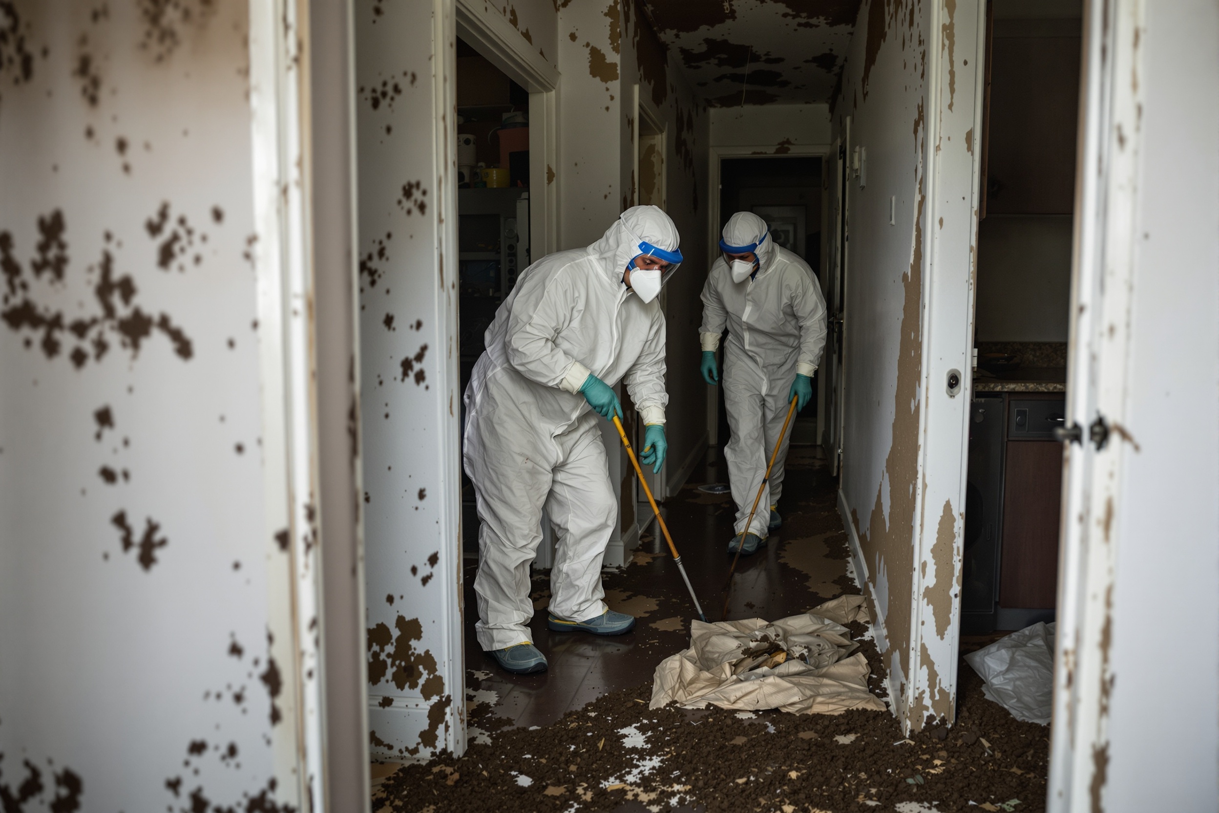 Professional remediation crew addressing severe pet waste contamination