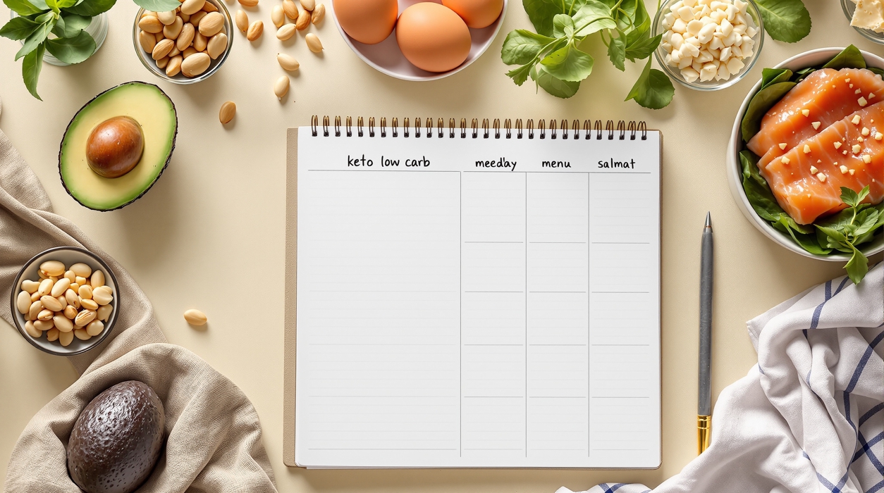 Keto grocery haul with fresh vegetables, salmon, eggs, cheese, olive oil and nuts arranged around a handwritten shopping list