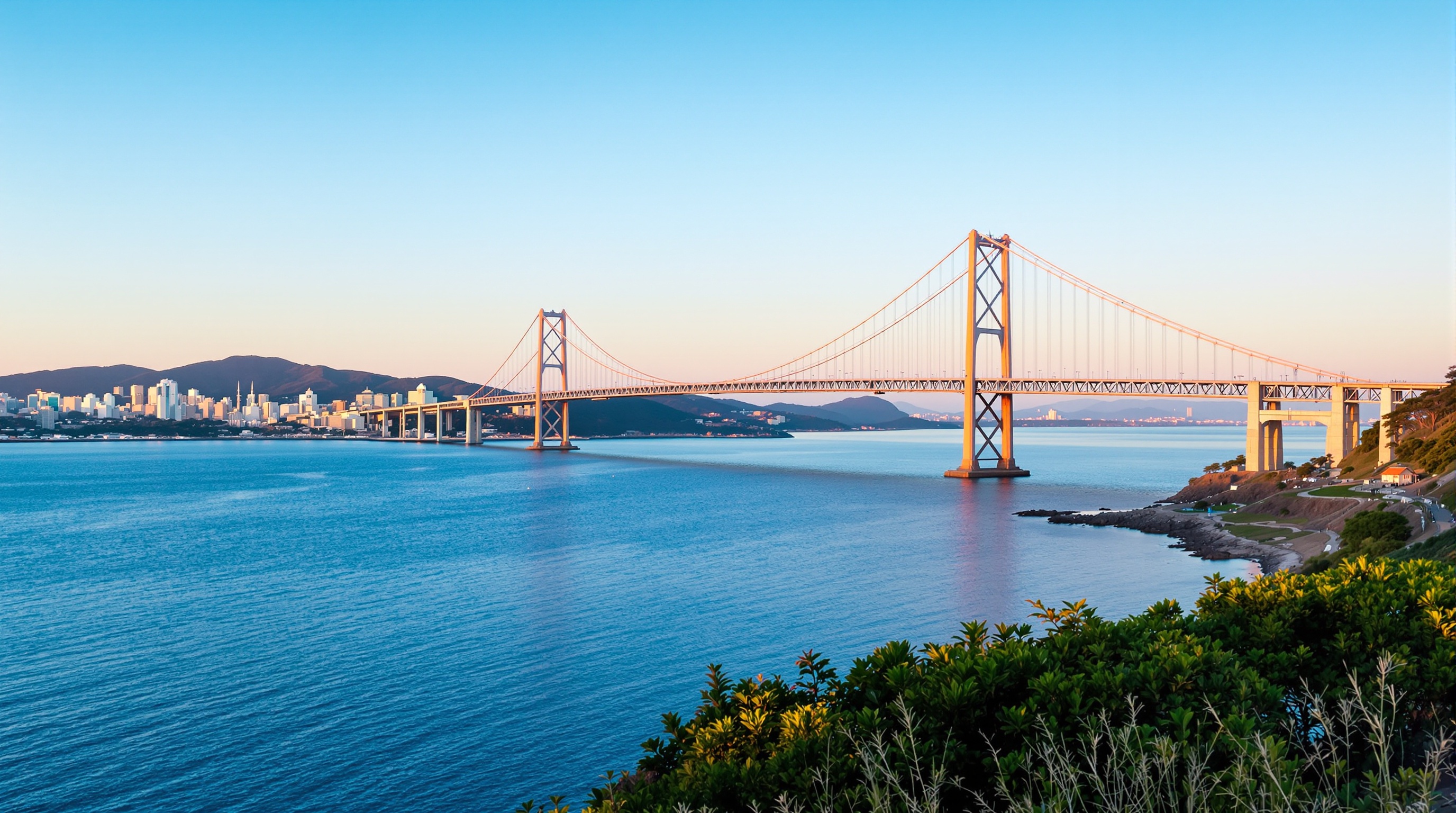 明石海峡大橋 舞子公園からの眺望 明石海峡大橋と海岸線 – 神戸市垂水区舞子から望む絶景