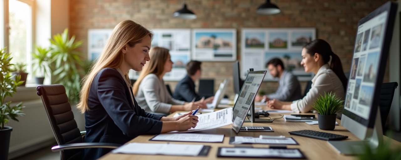 Real estate brokerage office with agents reviewing referral leads