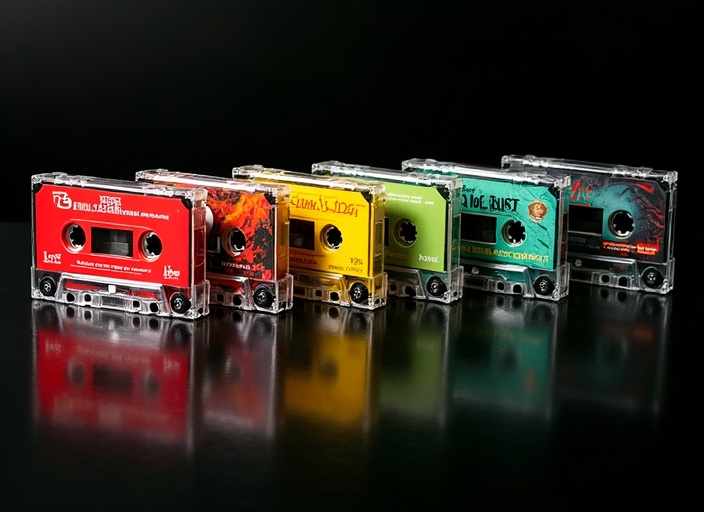 Custom cassette tape shells with direct UV printing — full color artwork on red, yellow, green and transparent shells, professional cassette duplication Poland