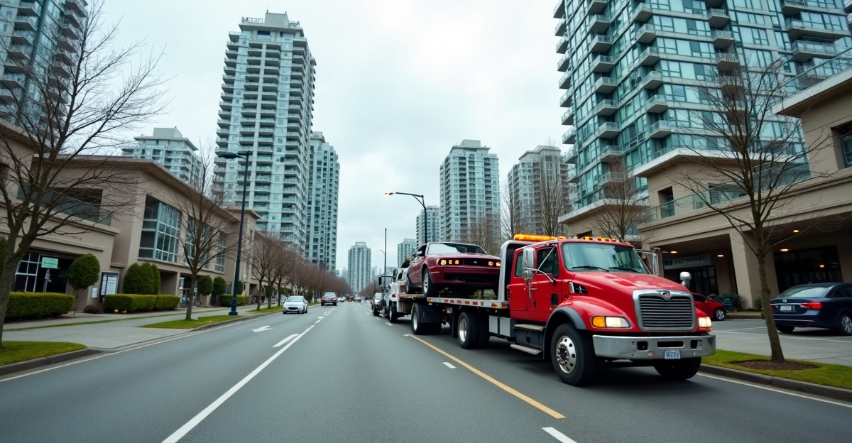 Flatbed tow truck removing an old sedan from a Coquitlam Centre residential street near the Evergreen Line SkyTrain station and mall