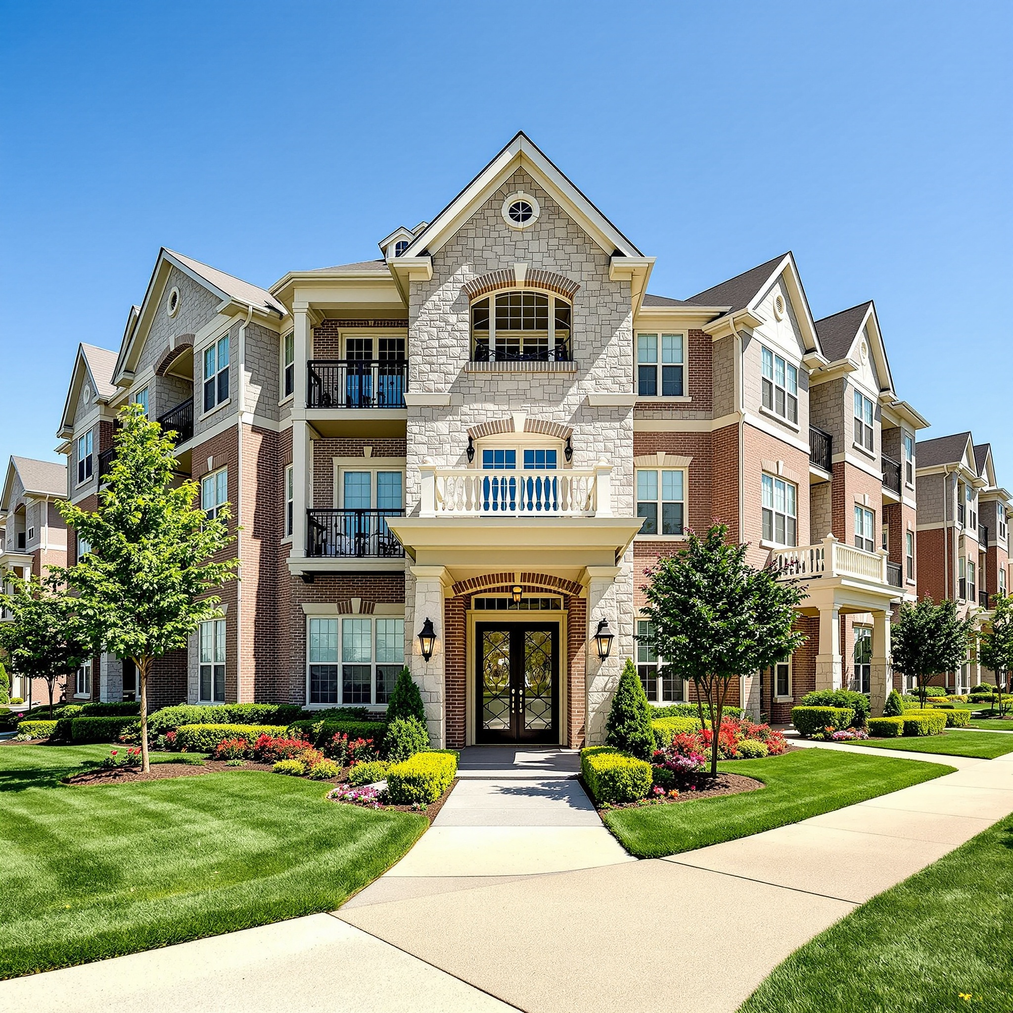 Well-maintained Chicago condo association building with manicured grounds