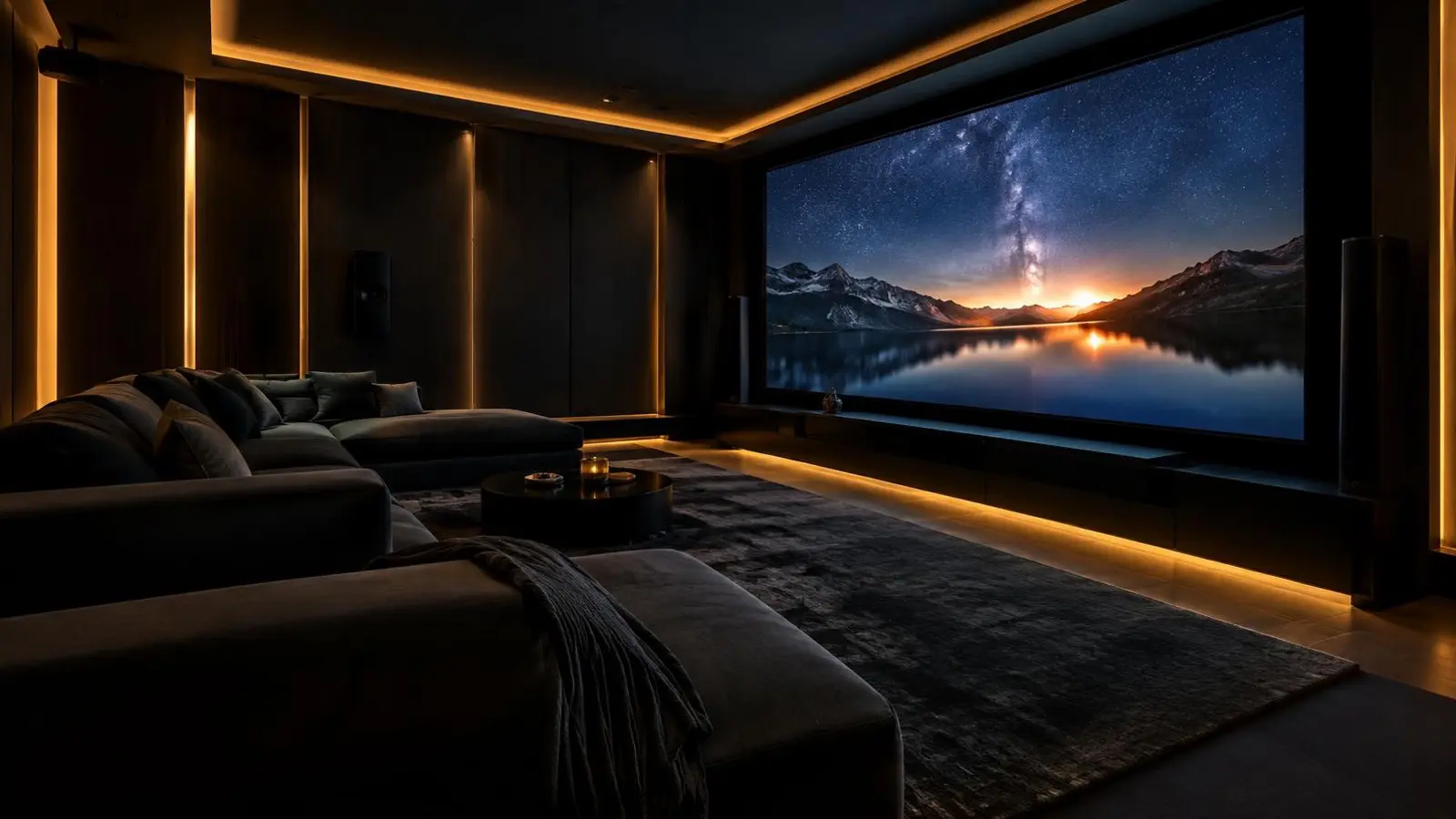 Dark dedicated home cinema room with a projection screen and tiered seating